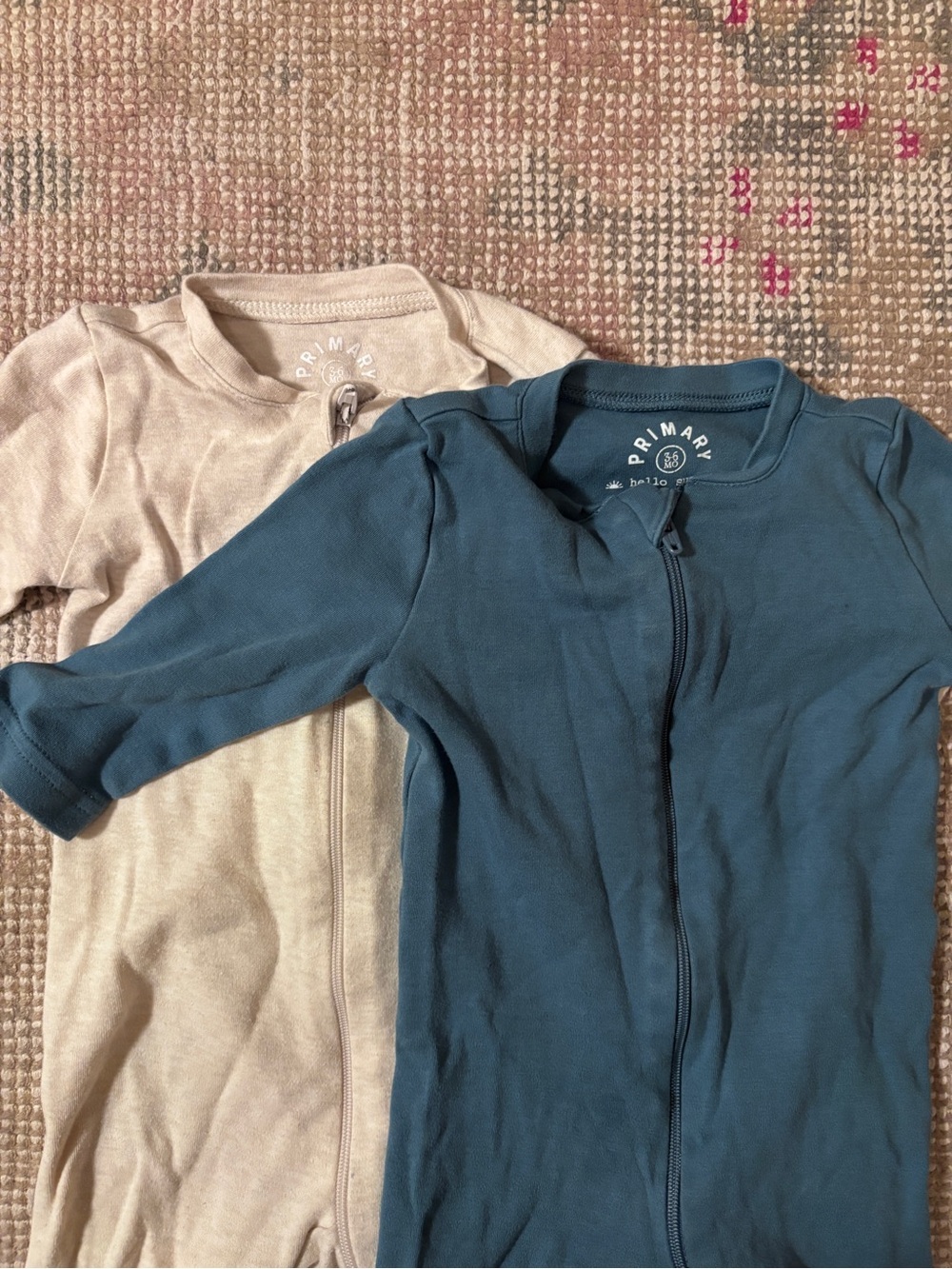 Primary Zipped Sleepsuit Set — Teal Blue and Beige